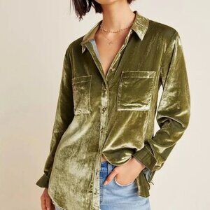 Maeve by Anthropologie Green Velvet Button Down